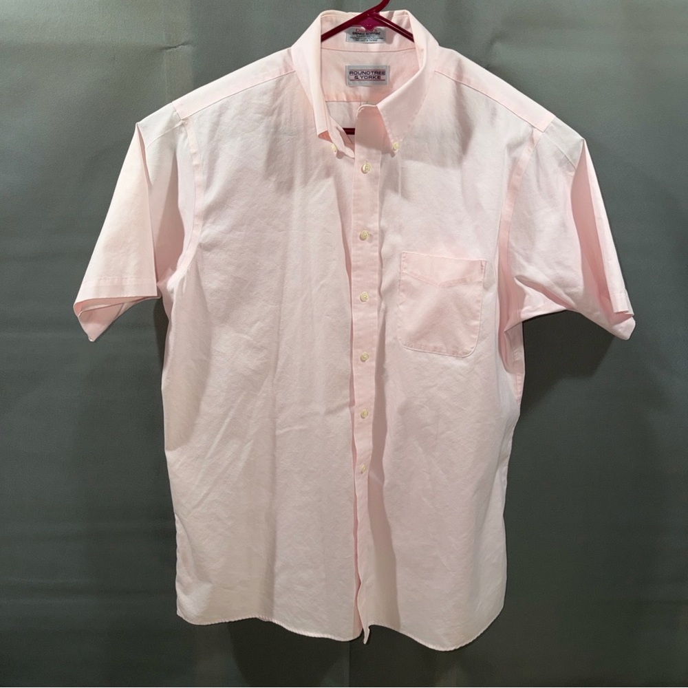 Roundtree Yorke Men's Pink Short Sleeve Shirt Size 17 Button Down C Desc